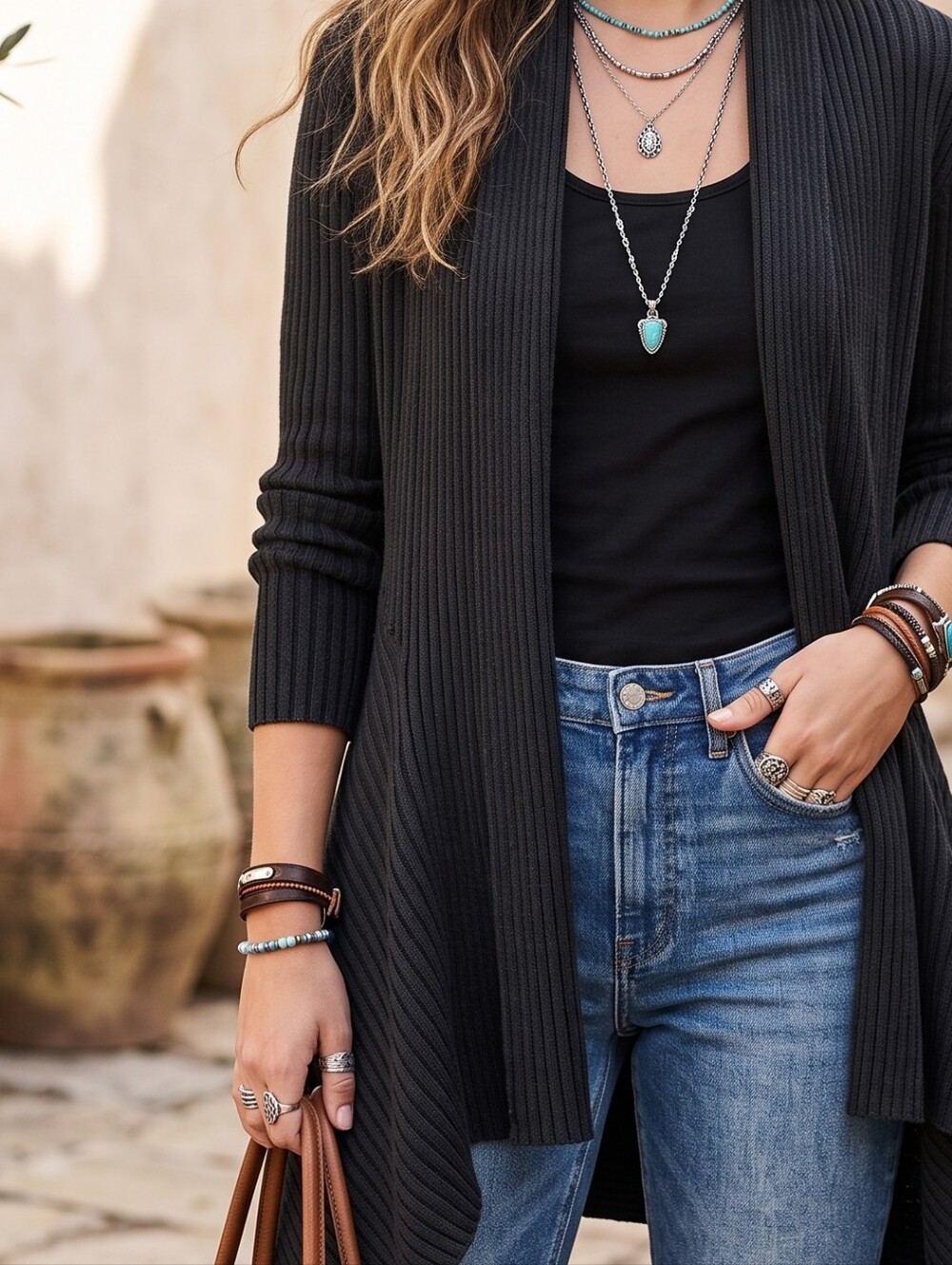 Cabi Sweetheart Ribbed Draped Open Front Waterfall Cardigan Dark Academia Black